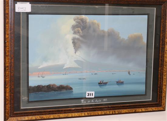 Neapolitan School, gouache, View the the bay of Naples with Vesuvius erupting, inscribed Pino Del 26 Aprile 1872, 30 x 44cm